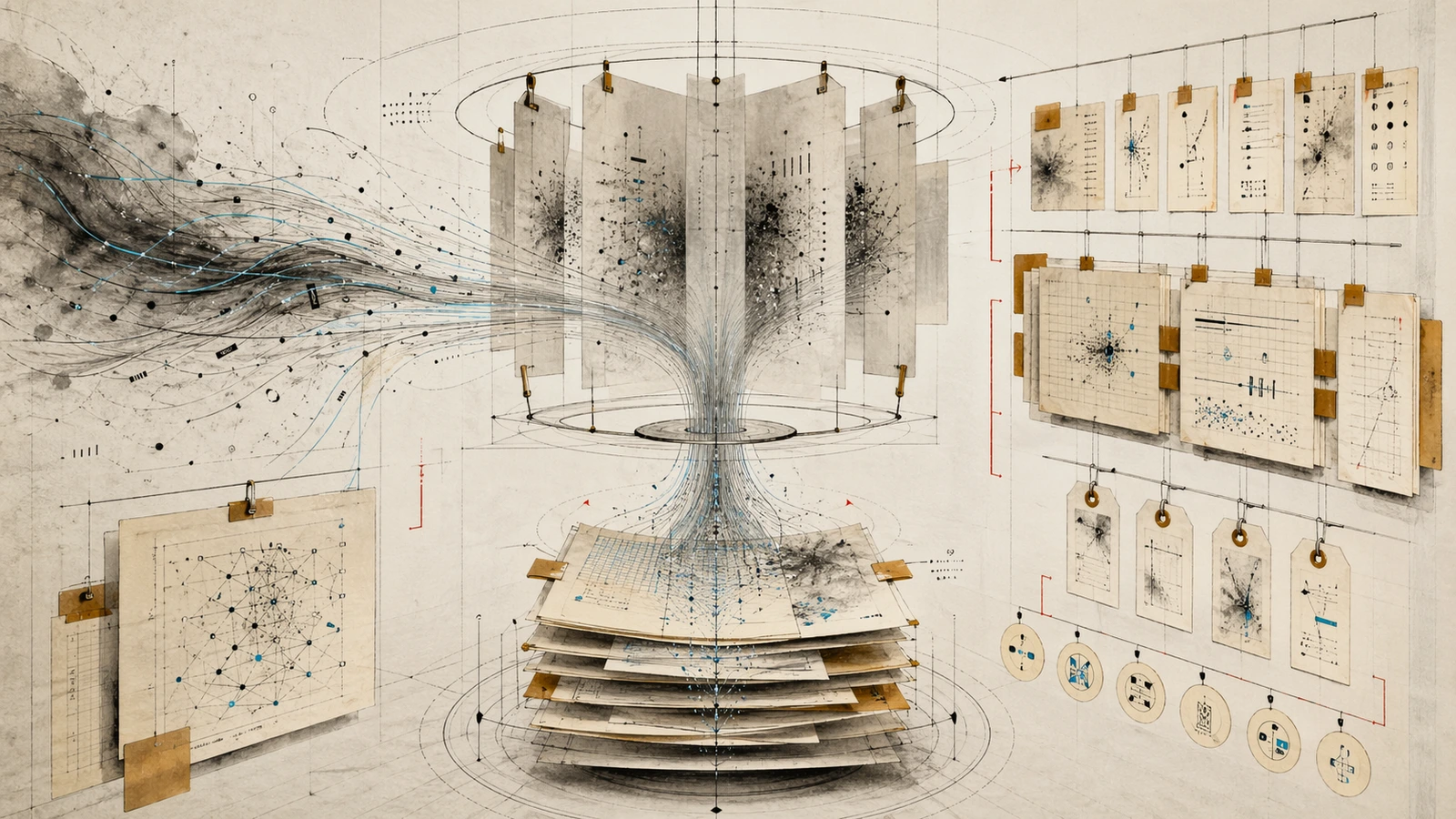 Abstract governance image showing a circular evidence chamber reconciling several coding-agent traces into shared audit cards for an article about cross-tool governance.