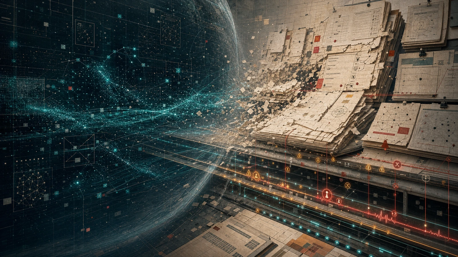 Abstract governance image showing static compliance documents crumbling as continuous monitoring streams flow through infrastructure layers, representing the shift from periodic audit to real-time oversight.