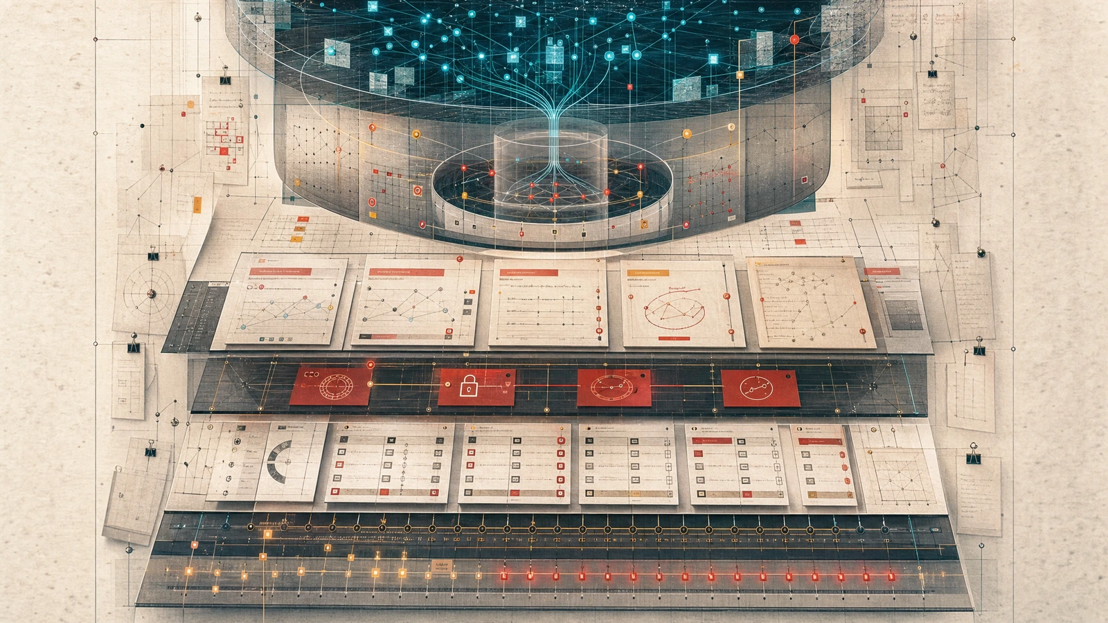 Abstract governance image showing a continuous monitoring dashboard with drift detection alerts and design-time control surfaces, representing infrastructure-level governance embedded at design time.
