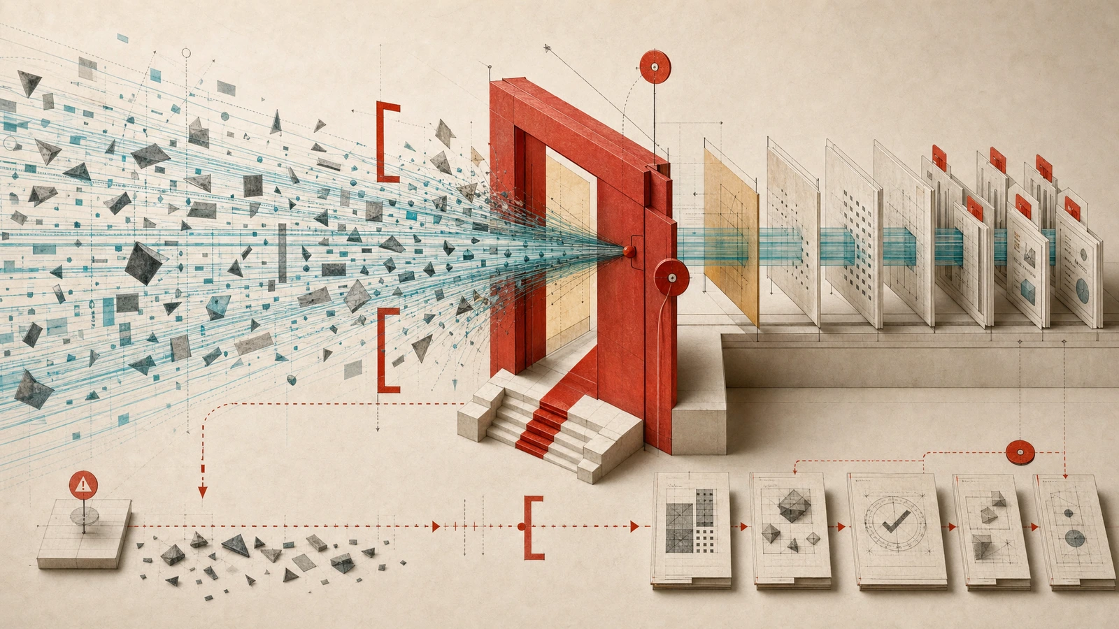 Abstract governance image showing the translation chamber idiom where AI adoption statistics collapse into human-accountable evidence for an article about the governance readiness gap.