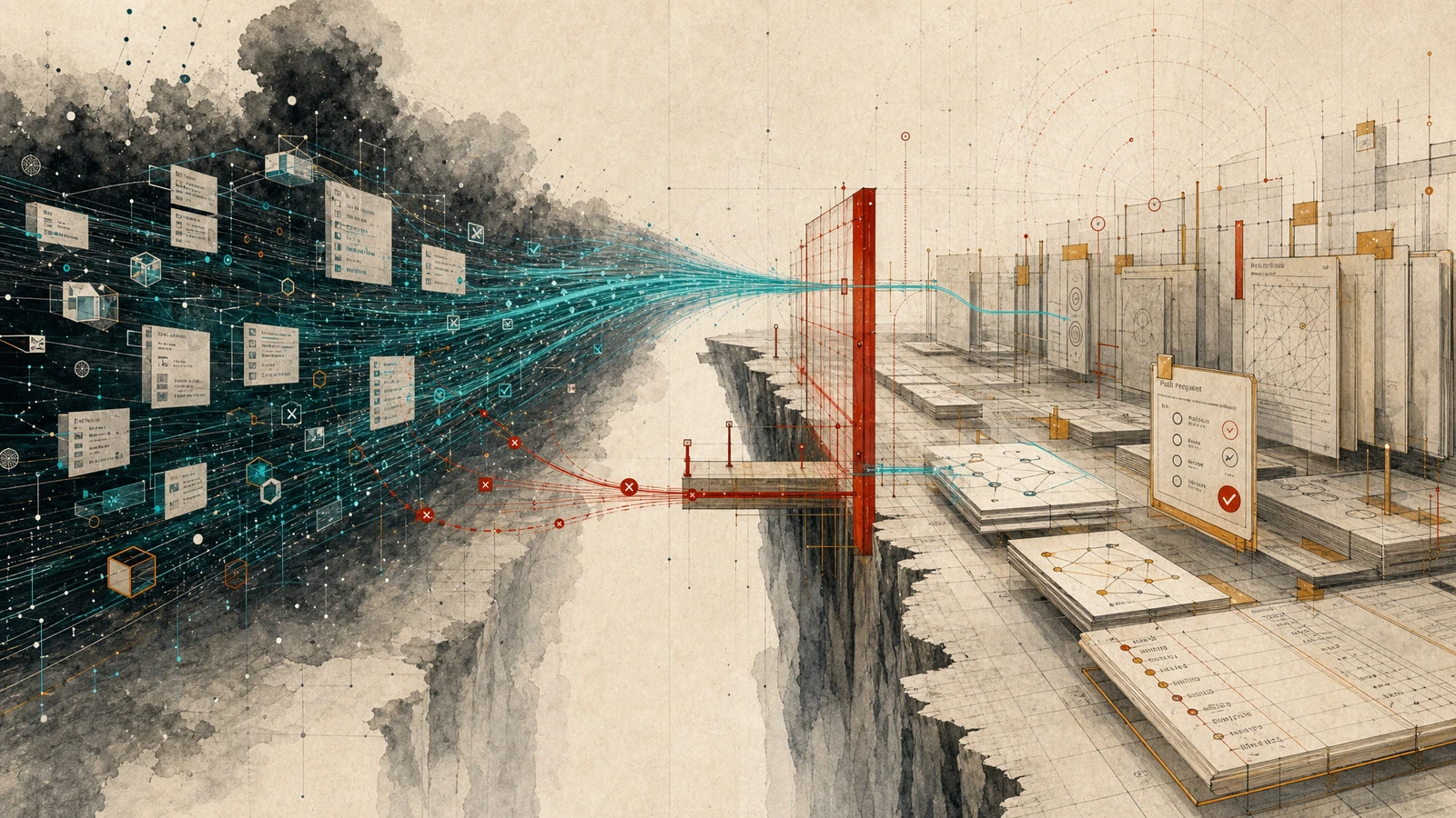 Abstract editorial illustration of a translation chamber where governance rules collapse from model-space cyan streams into human-accountable paper evidence.