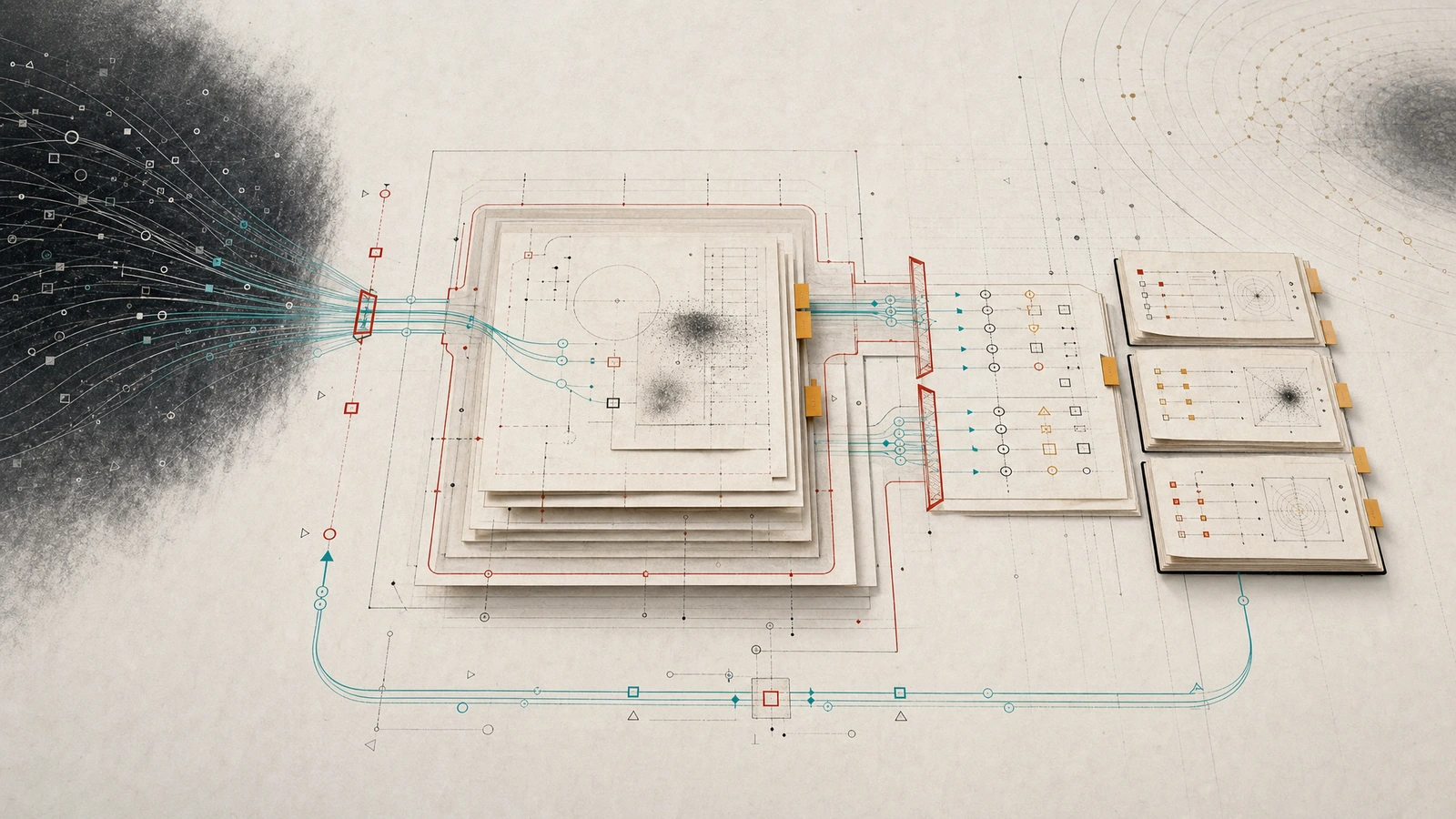 Abstract governance image showing architectural boundaries encoded as machine-readable constraints collapsing into an AI context window, with throughput metrics rising on warm paper evidence.