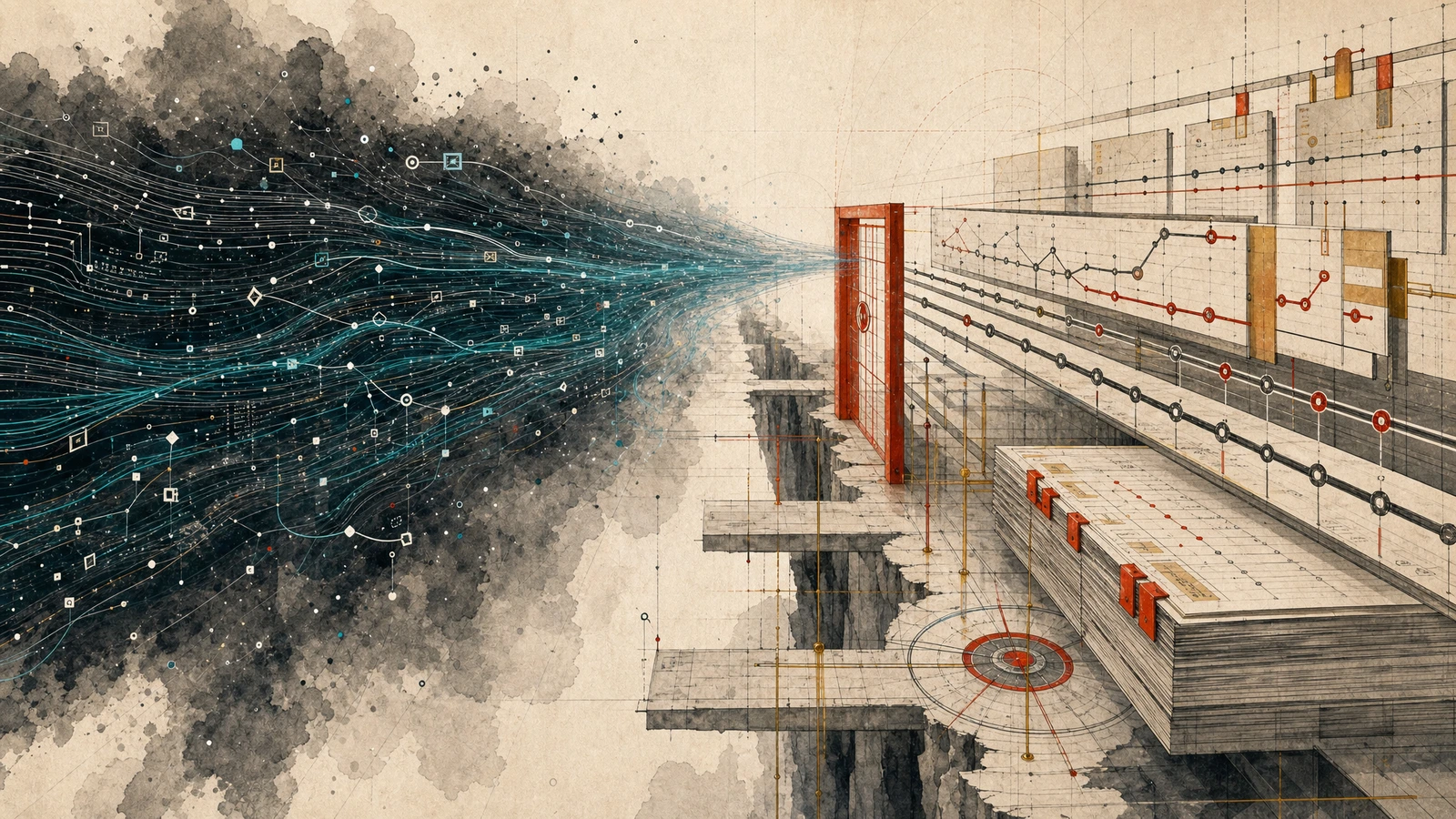 Abstract editorial illustration of a translation chamber where cyan AI code streams become human-accountable evidence packets under regulatory scrutiny.