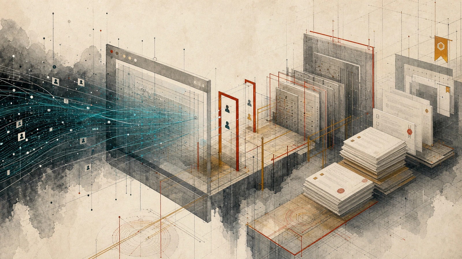 Abstract forensic governance chamber showing commit-level audit trails separating AI contributions from human work with red and amber compliance marks.