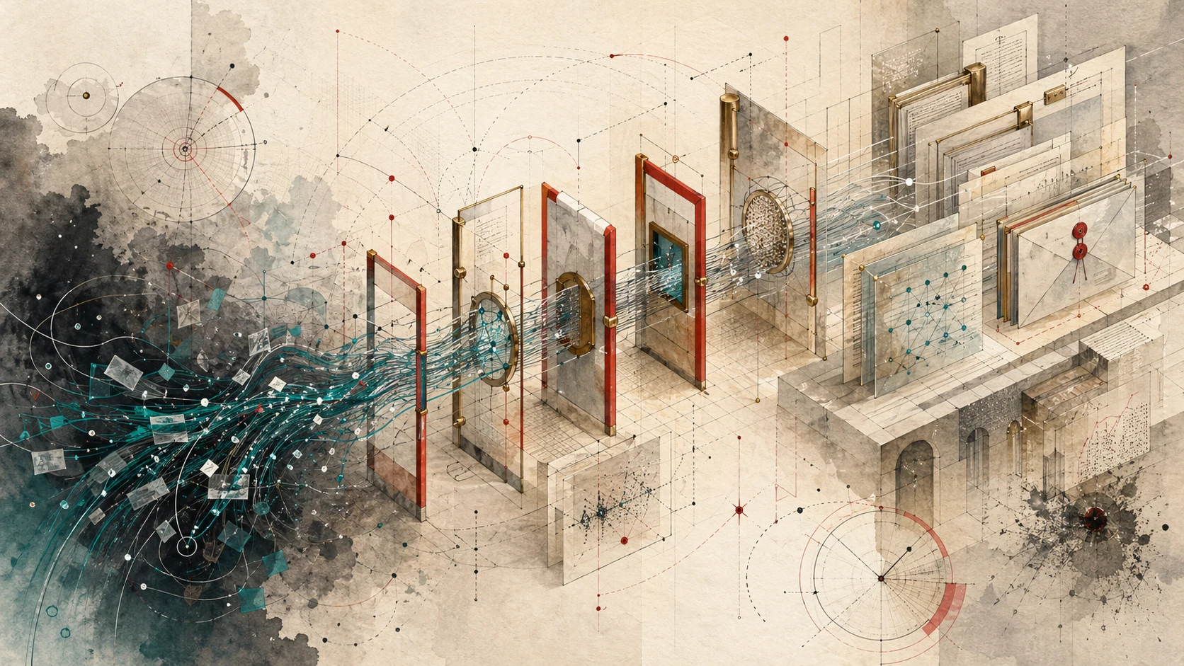 Abstract governance image showing infrastructure patterns converging—agent control planes, context versioning, and audit trails—as a response to the governance gap for an article about technical enforcement.