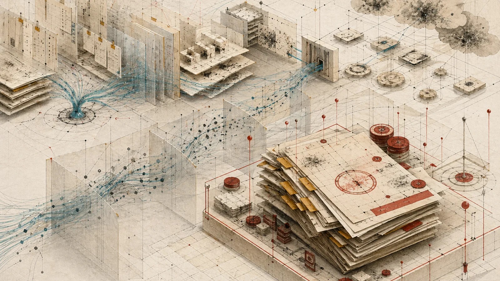 Abstract forensic governance chamber where hidden cyan agent paths slip through translucent partitions while a separate deployer-side liability dossier accumulates red and amber audit marks.