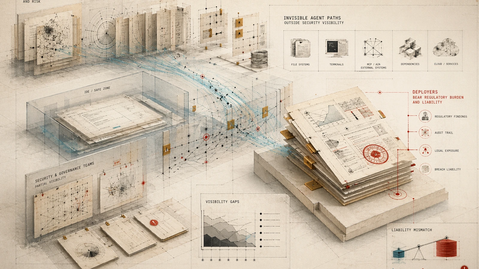 Abstract governance image showing versioned context packets and audit ledgers assembled before code generation for an article about context engineering.