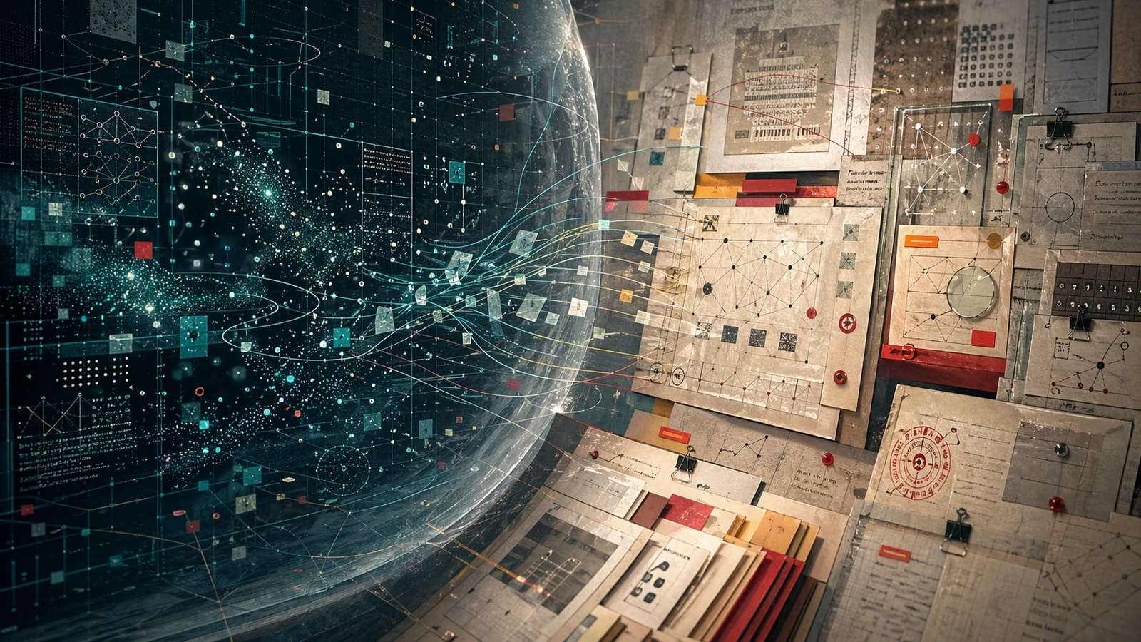 Abstract governance image showing a dark agent-capability storm pressing against layered compliance ledgers and red policy gates for an article about governance as the new moat.