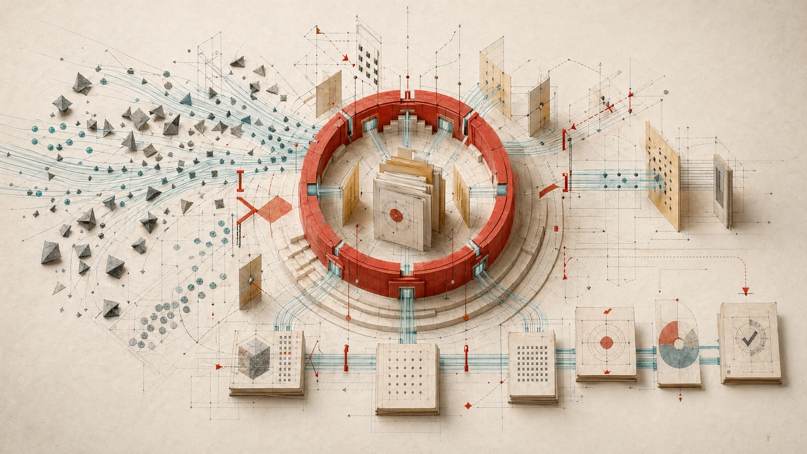 Abstract governance image showing constraint layers collapsing from implicit prompt-scoped context to explicit field-scoped epistemic grounding for an article about the constraint shift in AI coding.