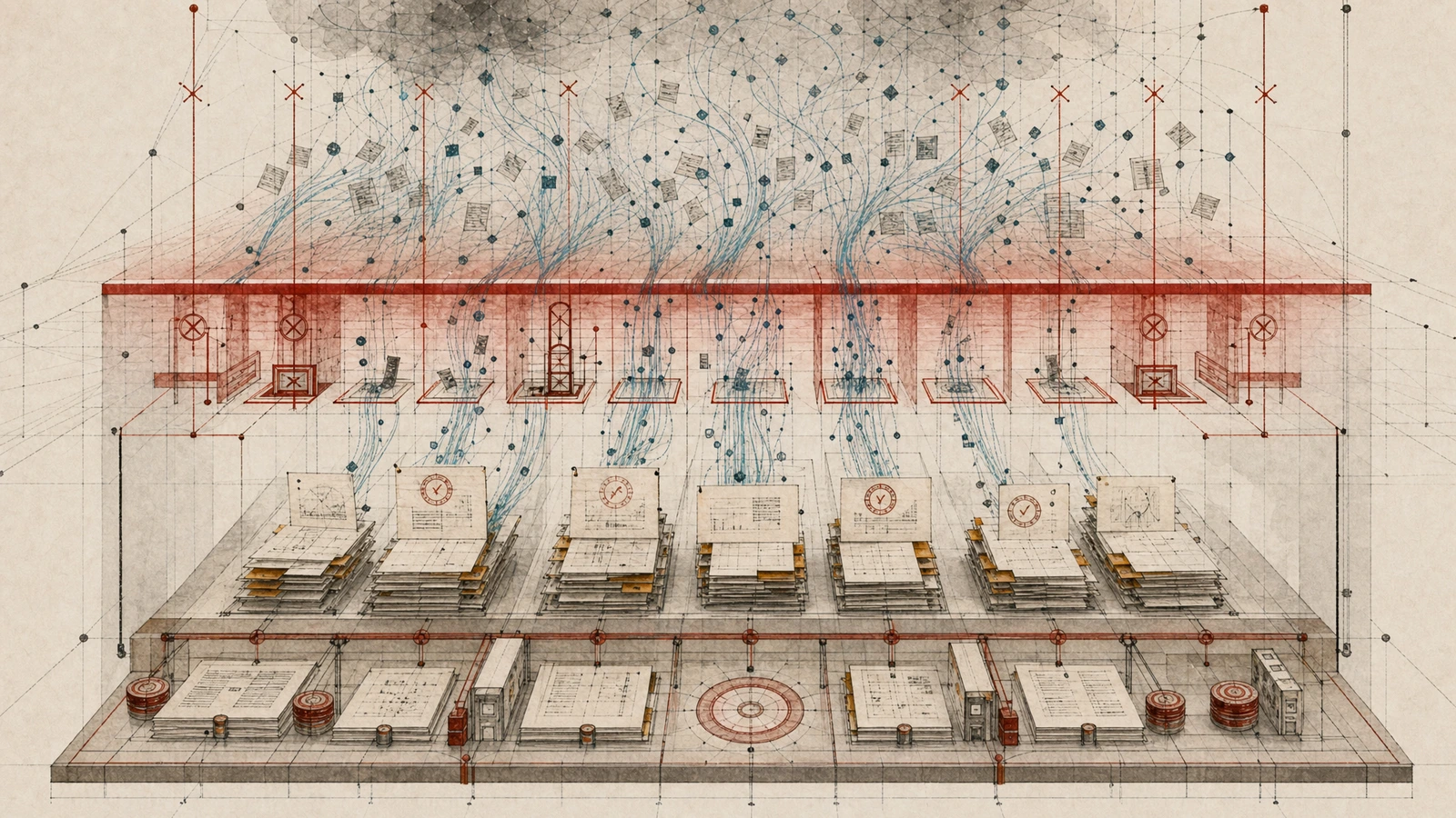 Abstract translation chamber showing AI code generation collapsing into governed audit trails and specification artifacts for an article about the governance ceiling in AI coding.