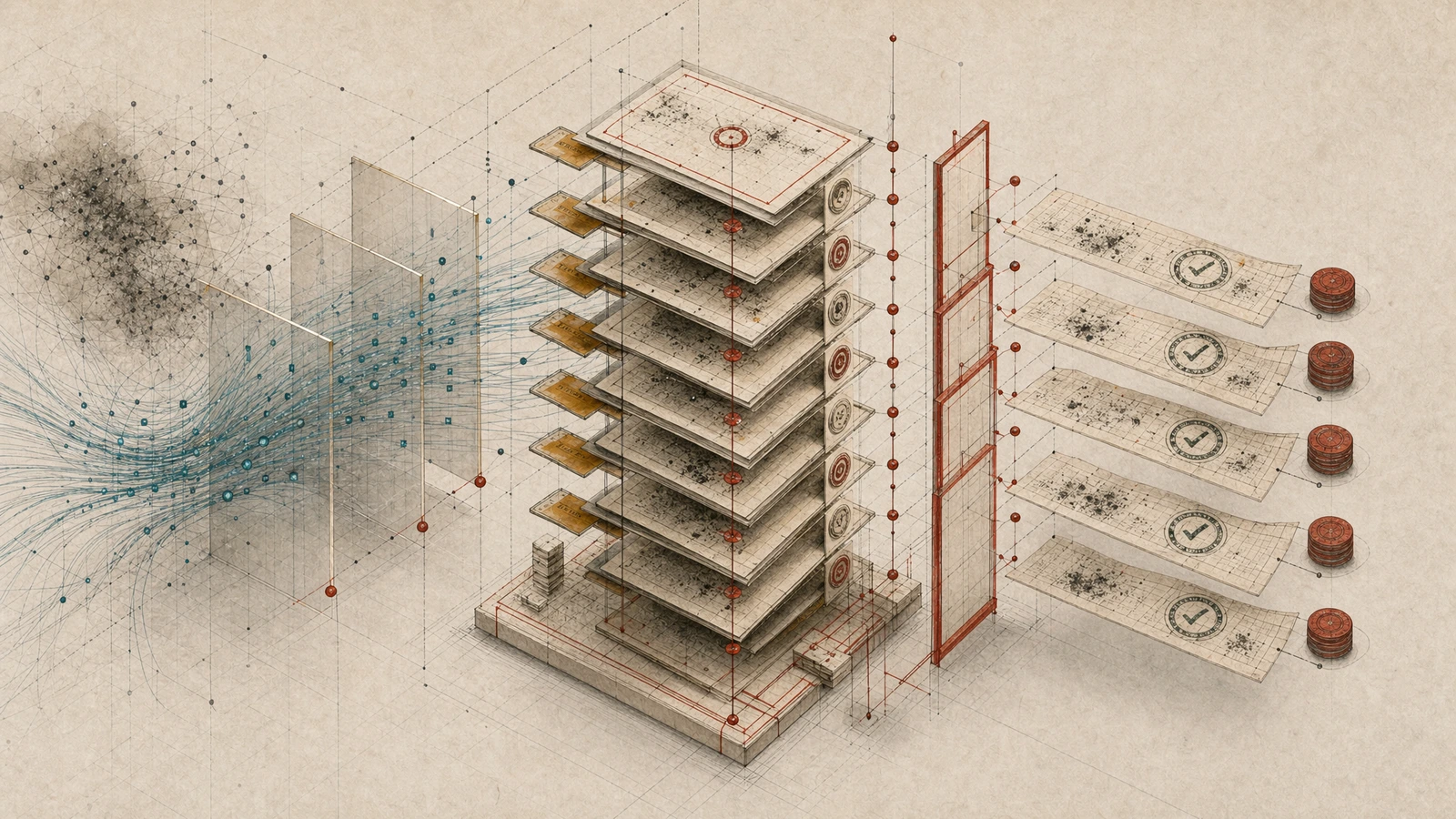 Abstract governance evidence stack showing specification-driven provenance records, model/provider logs, and human acceptance markers for an article about auditability as the AI coding bottleneck.