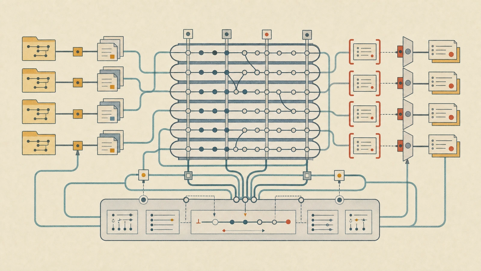 Abstract governance image showing versioned agent-factory controls, runtime memory rails, and independent verification gates as accountable evidence.