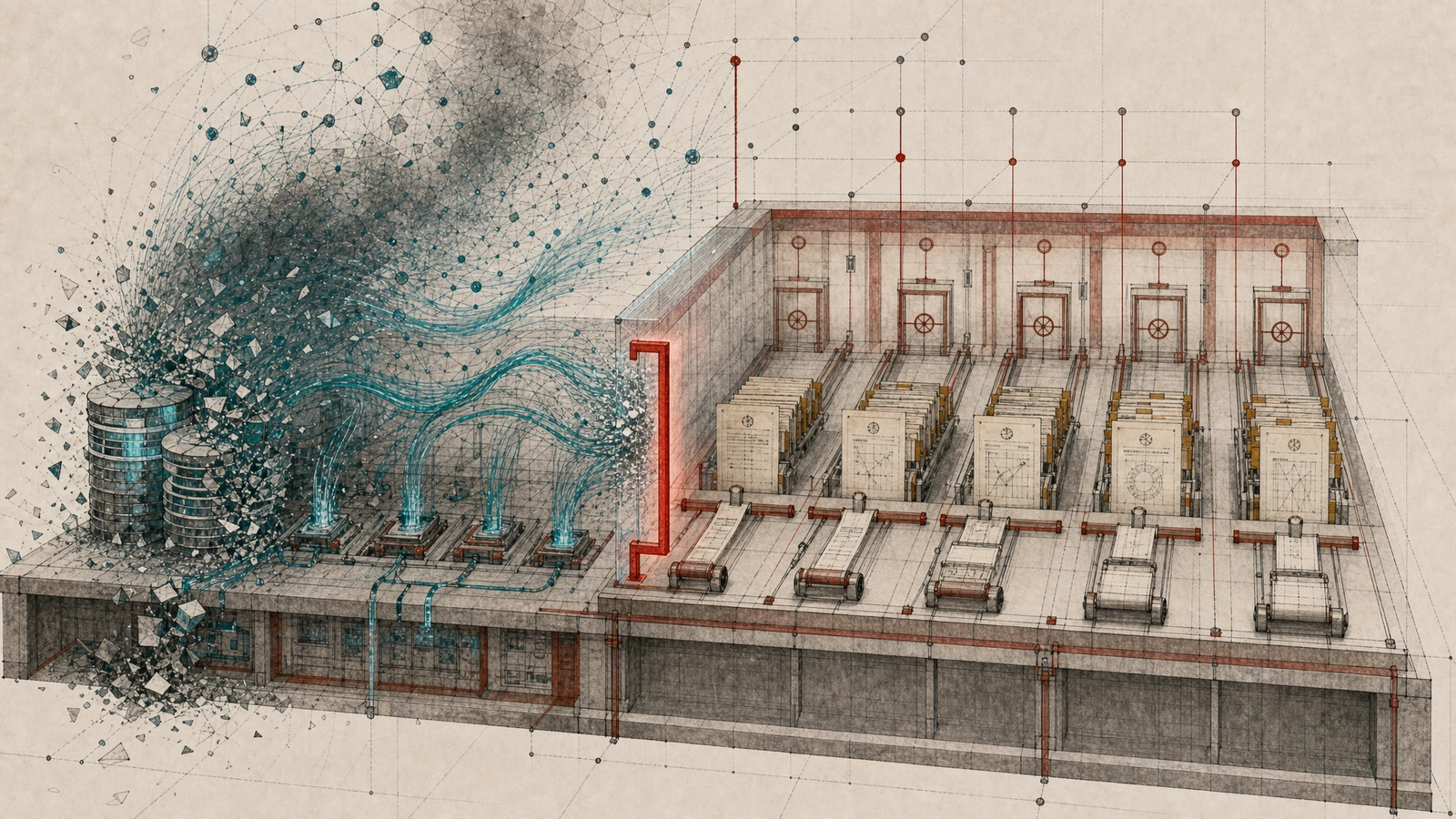 Abstract governance image showing production failure traces crossing into audit evidence gates for an article about AI agent blast-radius control.