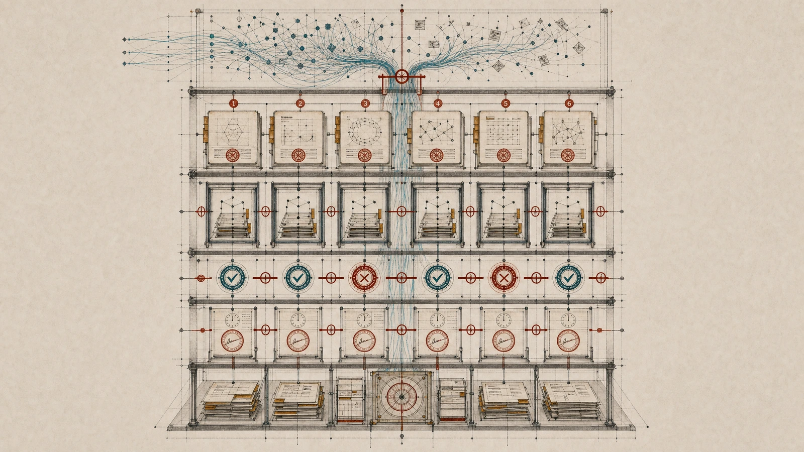 Abstract governance image showing spec-anchored verification gates encoding blast-radius control before code reaches production.