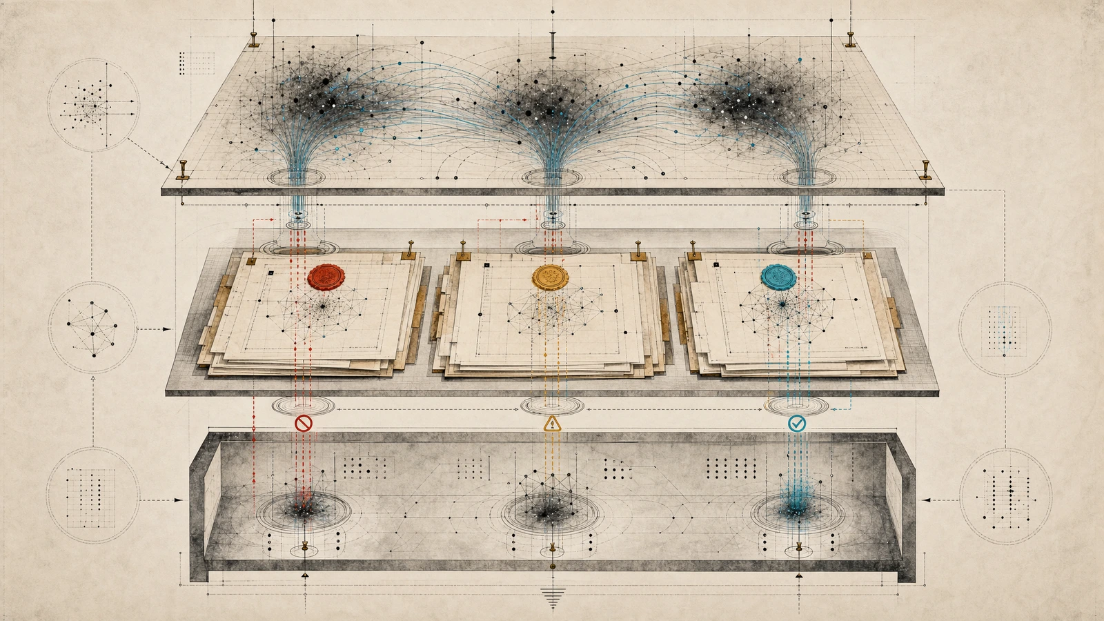 Abstract governance image showing the translation chamber where model interiority becomes human-accountable evidence under uncertainty, depicting a Plan-Execute-Verify loop with pre-execution gates, constraint harnesses, and adversarial verification.