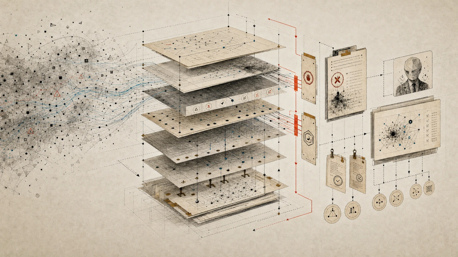 Abstract governance image showing constraint layers and verification gates encoding production safety before code reaches the merge stage.
