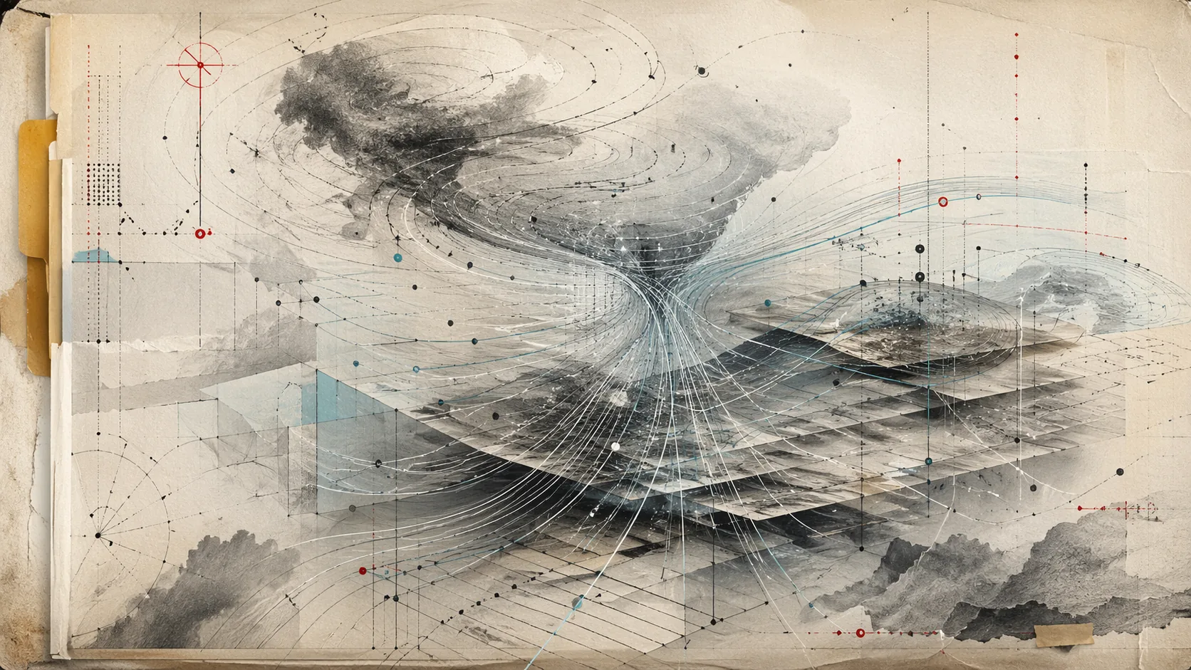 Abstract ivory and charcoal field of probability traces, memory shards, and muted cyan attention paths before governance is applied.
