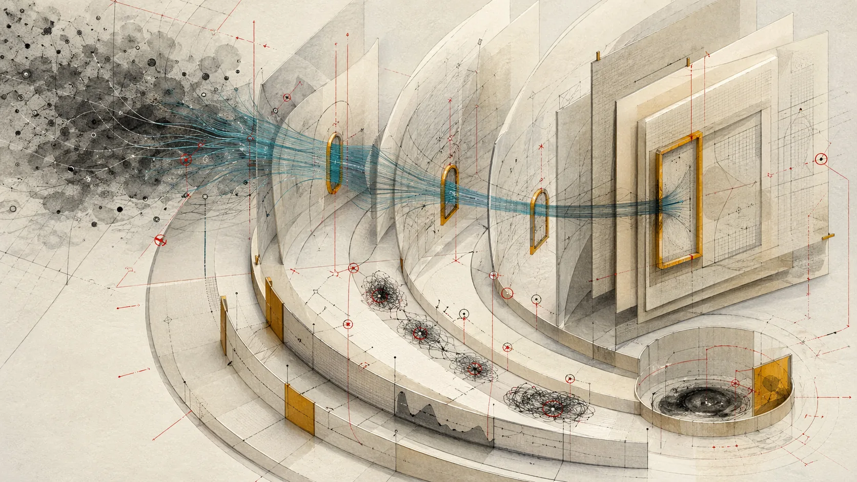 Abstract context windows and amber boundary membranes compressing cyan traces into a governed threshold.