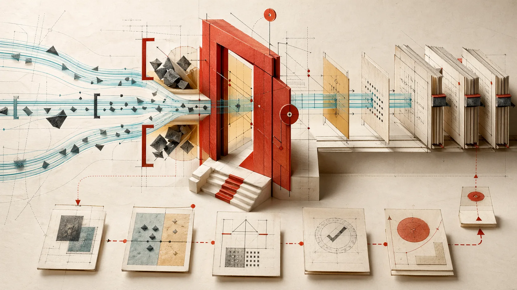 A red and amber governance gate interrupting risky fragments while clean cyan traces continue through paper ledgers.