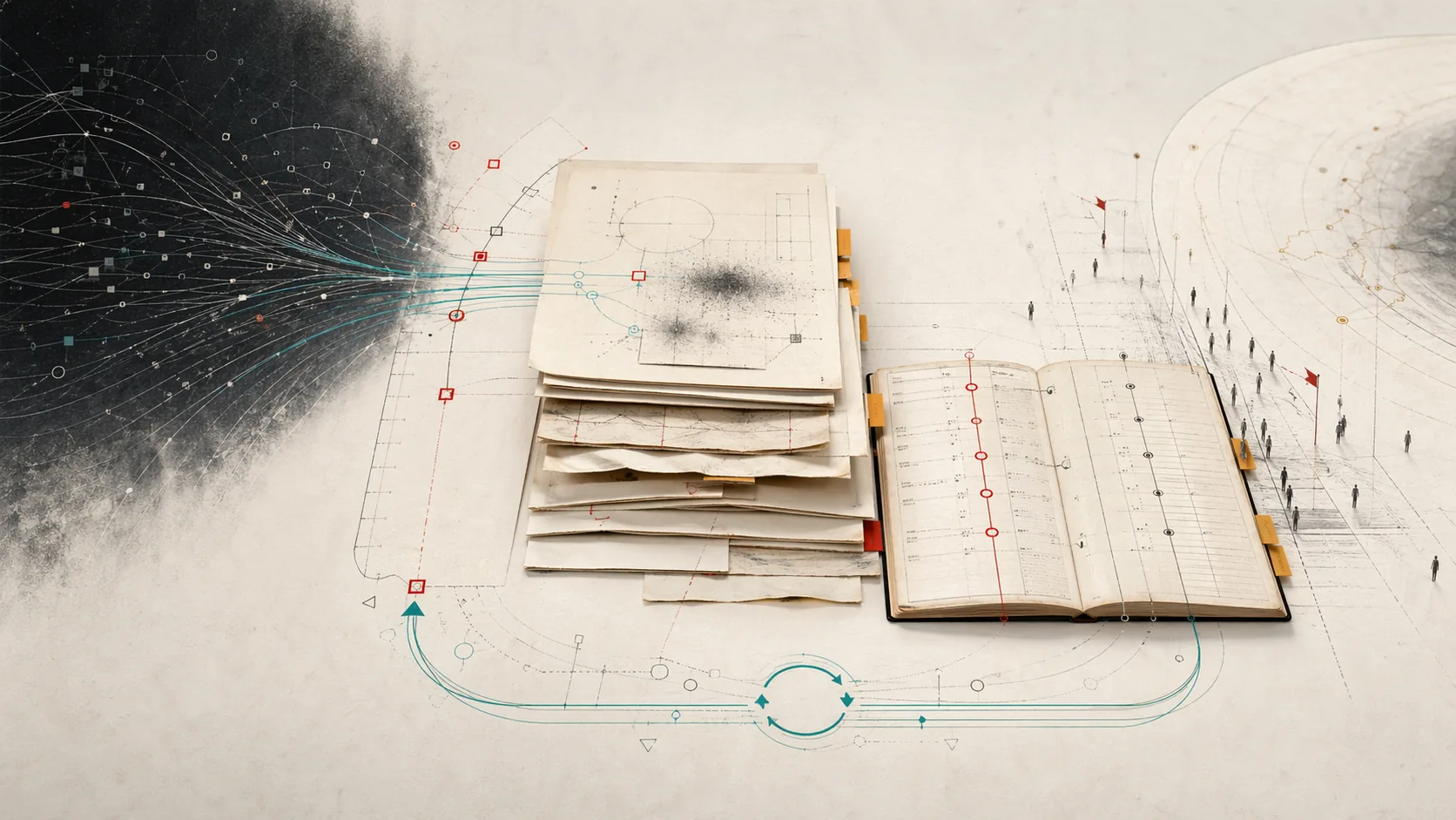 Orderly ivory ledgers, provenance paths, and feedback loops returning from public release into abstract model space.