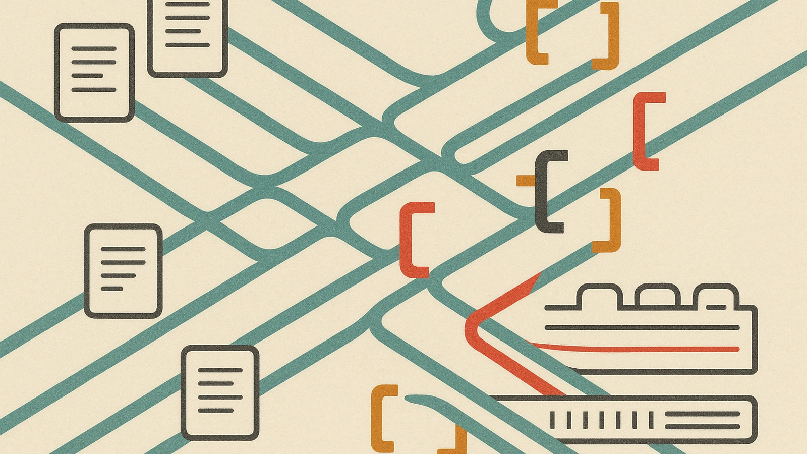 Abstract tools-landscape image showing a diagonal collaboration lattice where specification cards and requirement sheets feed into a network of tool handoff paths converging on review gates and checkpoint notches, emerging as structured evidence surfaces for an article about compliance pressure meeting agent coordination.
