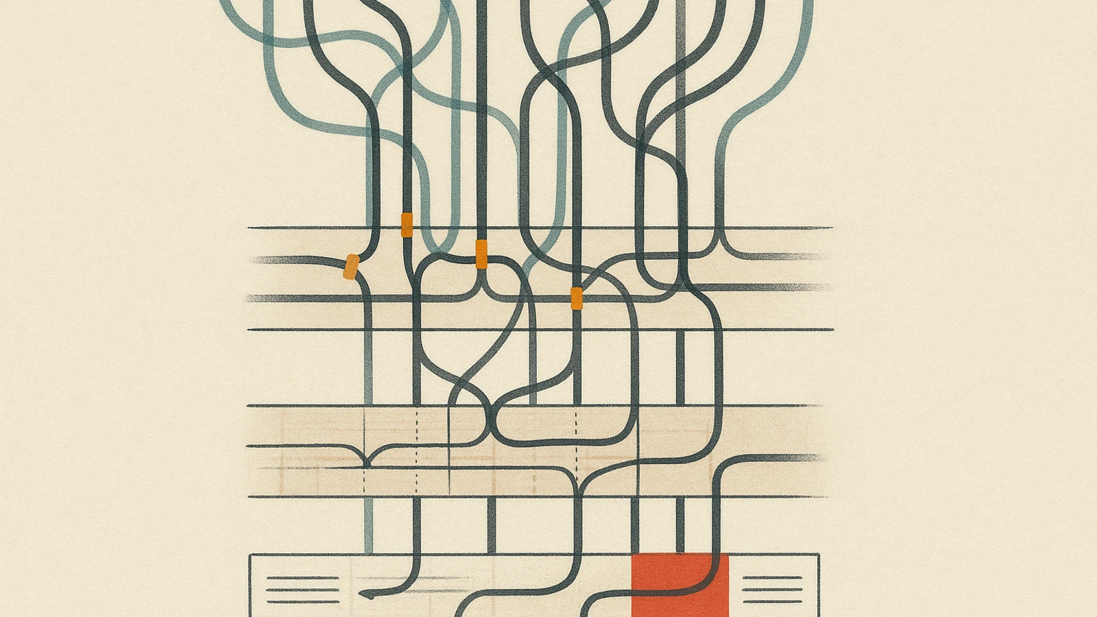 Abstract tools-landscape image showing parallel agent streams flowing downward through governance negotiation layers — comparison bands, provenance ledgers, and a red review gate — emerging as sparse but legible evidence for an article about parallel agent coordination and governance.