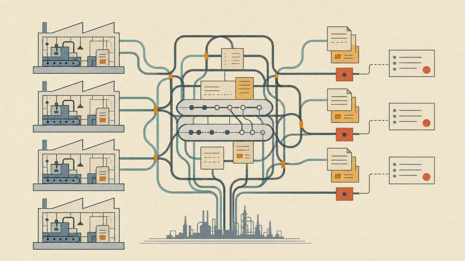 Abstract tools-landscape image showing SDK-built agent-factory orchestration entering a collaboration lattice of spec cards, work-memory rails, and review gates.